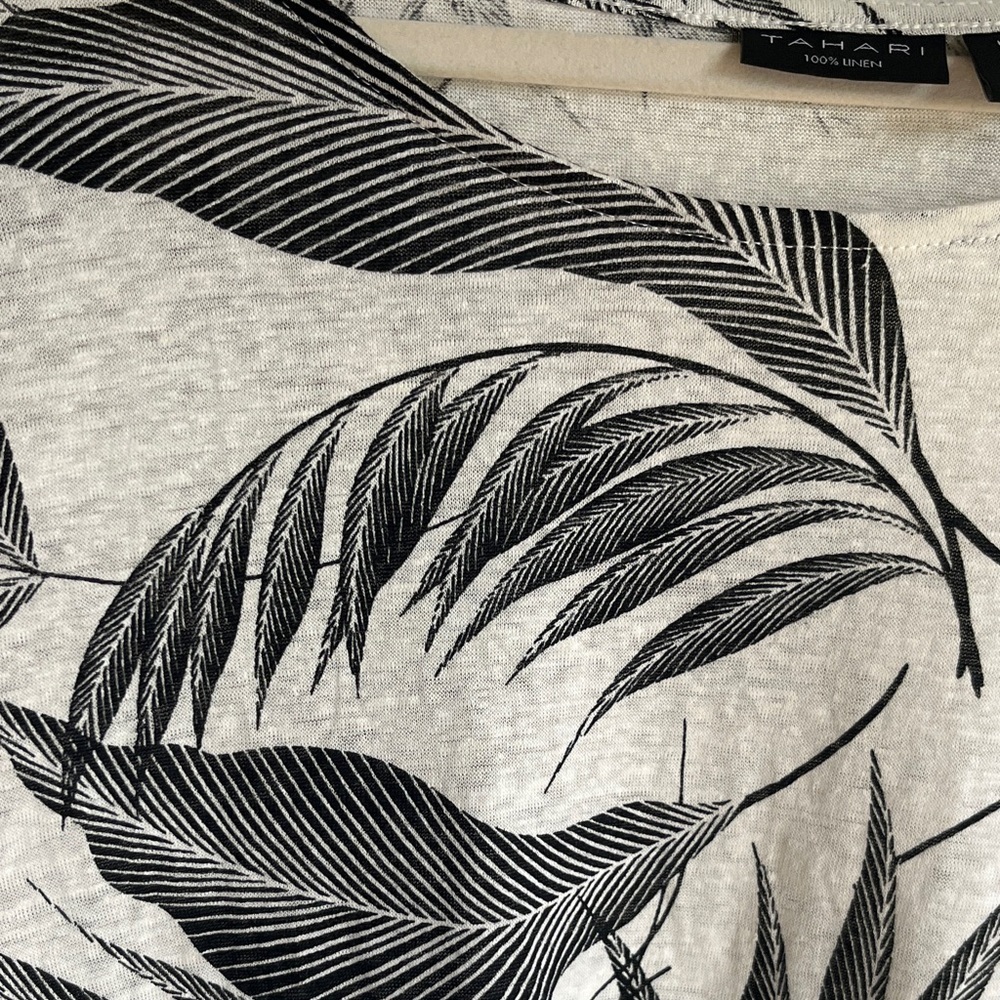 Tahari Black and White Leaf Print 100% Linen Blouse Sz 2X Coastal Grandma Beach - Picture 5 of 8